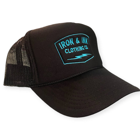 New Vintage foam trucker hat- black and blue