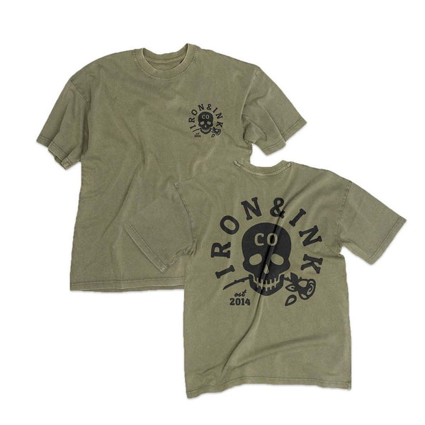 New "skull and rose" oversized heavy weight shirt- Olive Green acid wash