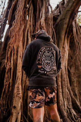 New "Seek and Destroy" heavy wt acid wash hoodie-Black