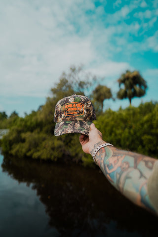 New Camo trucker hat- blaze orange