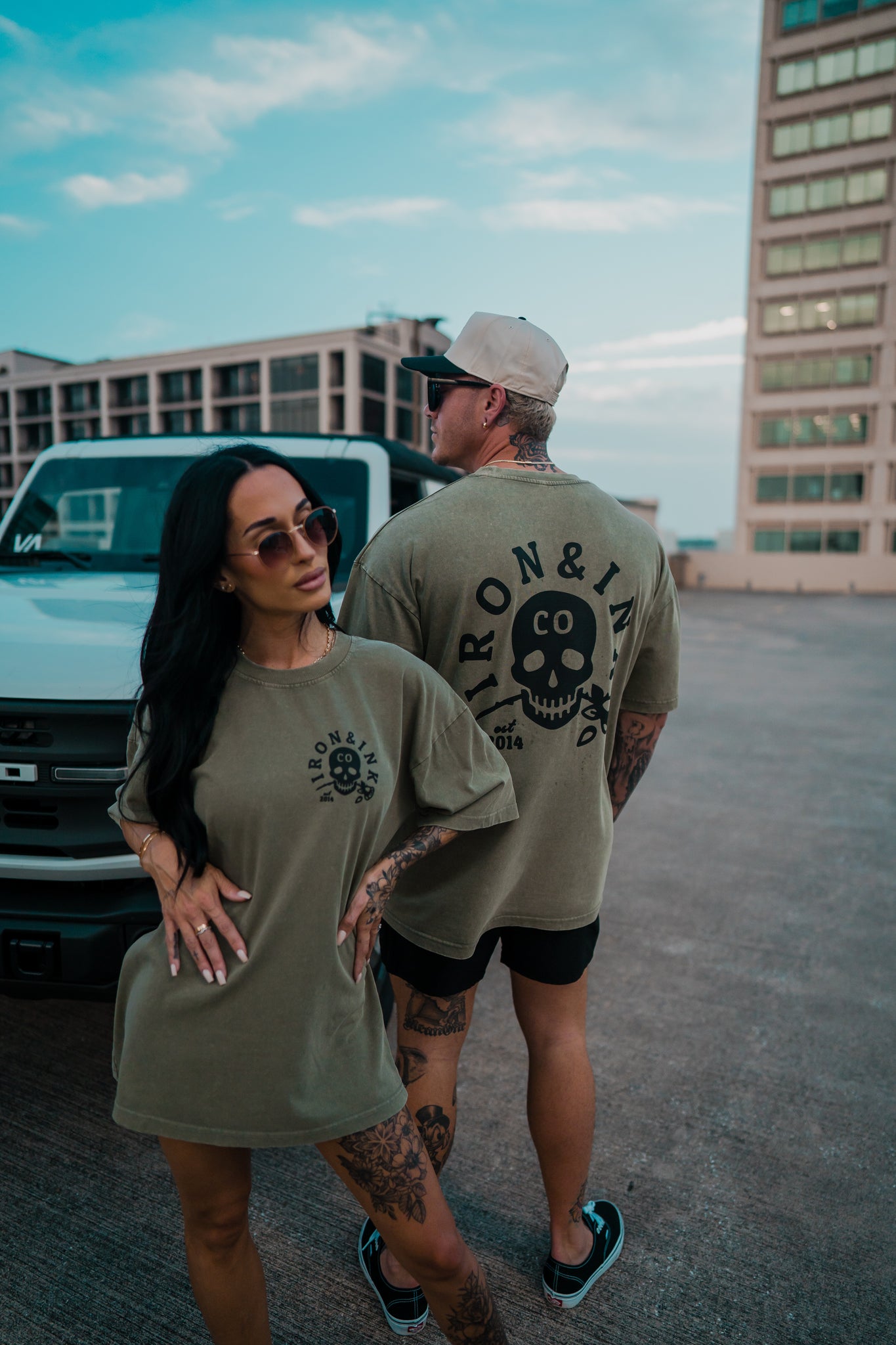 New "skull and rose" oversized heavy weight shirt- Olive Green acid wash