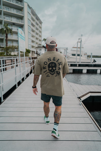 New "skull and rose" oversized heavy weight shirt- Olive Green acid wash