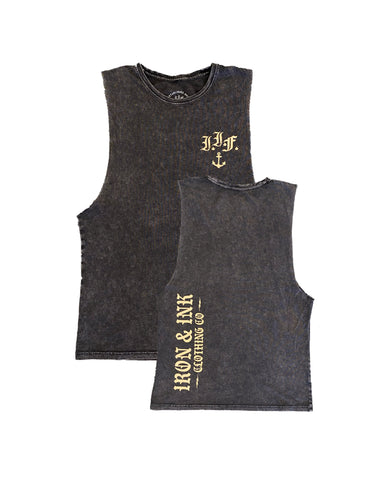 Mineral Wash Wide Cut Muscle Tank- Black Stone